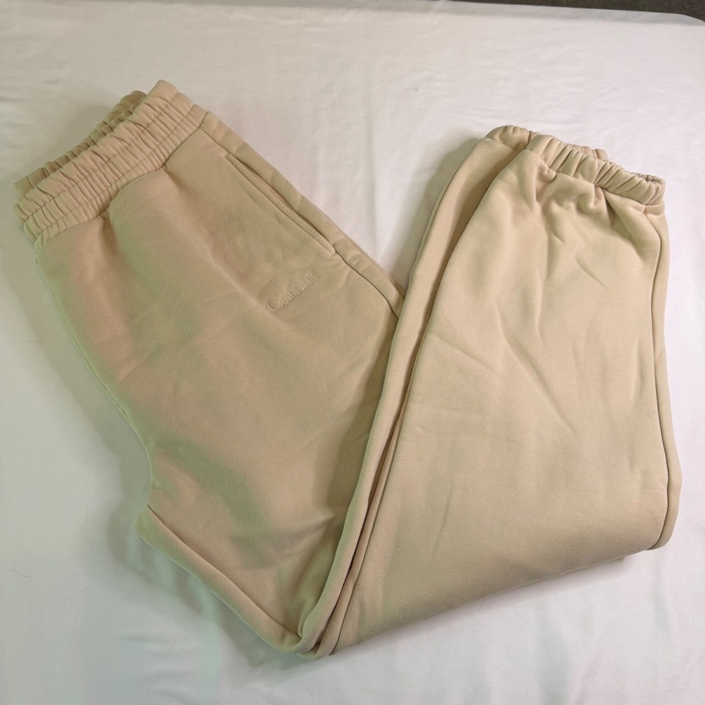 Comfrt Signature Joggers Sand Beige Fleece Lined Sweatpants Large Loungewear